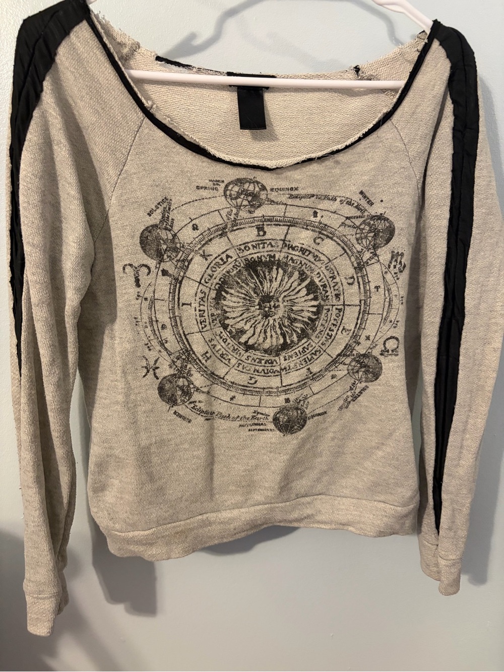 Beige Scoop Neck Graphic Celestial Sweatshirt with Black Stripe Sleeves